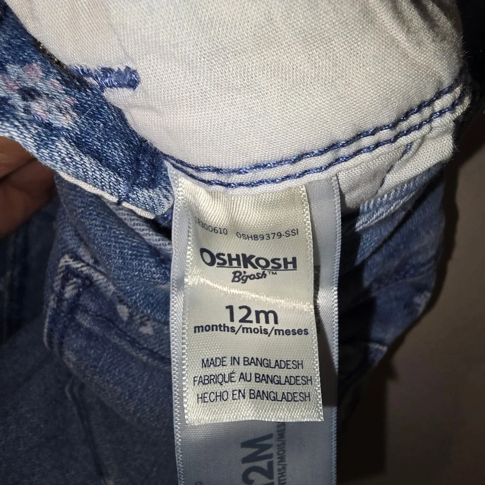 OshKosh B'gosh Overalls 12M Baby Girl Blue Floral Ruffle Strap Denim Bib